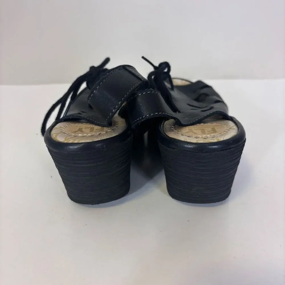 Fly London Black Leather Open Toe and Heel Cutout Detail Wedges‎ US 6